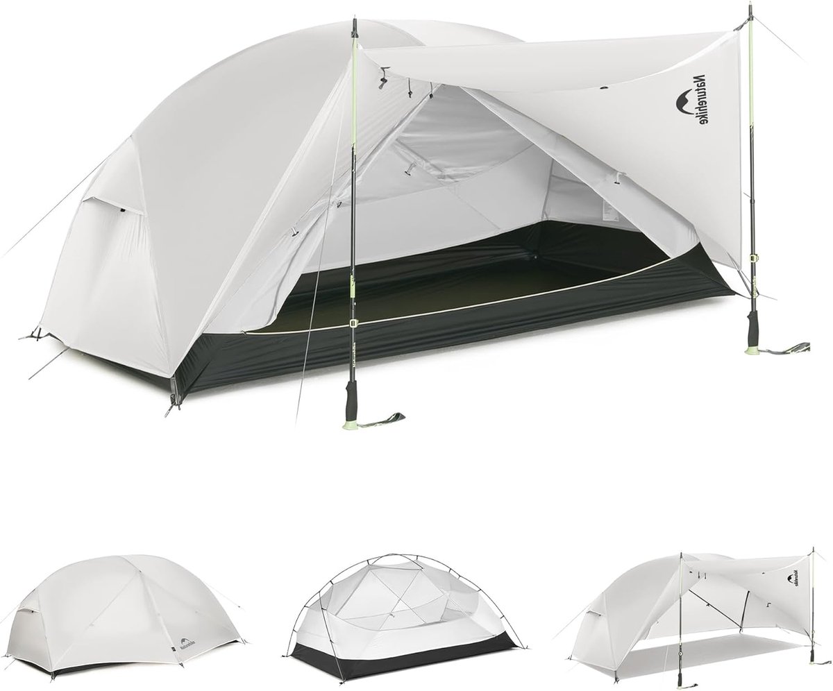 Naturehike Mongar PRO 2 – 2-persoons lichtgewicht tent – Incl. grondzeil – 20D 3000MM – 3-seizoenen koepeltent – Waterdichte trekkerstent & kampeertent – Grijs