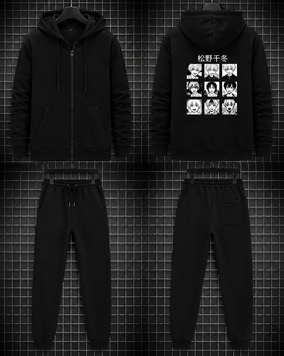 Trainingspak Heren & Dames met Anime Print – Zwarte Hoodie met Joggingbroek – Casual Streetwear Set – Full Zip – XL