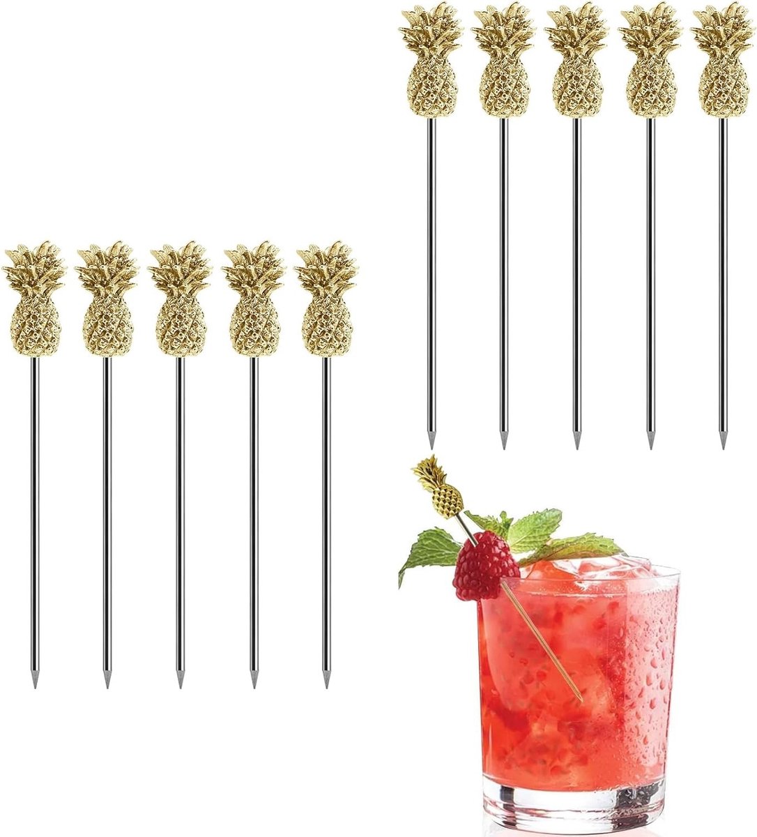 Set van 10 RVS Cocktailprikkers Herbruikbare Prikkers voor Martini en Fruitcocktails met Gouden Ananas Top