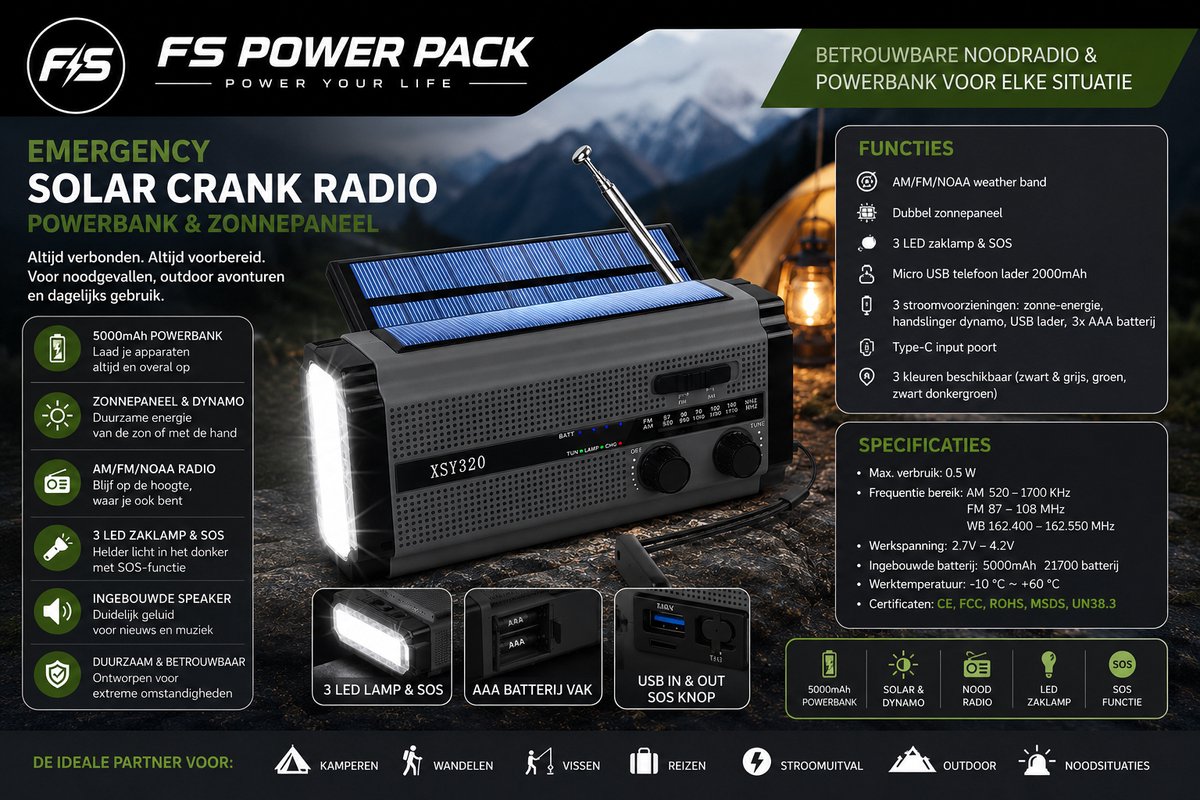 Noodpakket! 5000mAh Powerbank & Zonndepaneel Duurzaam FS Power Pack Noodradio met Zonnepaneel & Powerbank 5000mAh – AM/FM/NOAA Radio – Zaklamp & Ingebouwde Speaker – Opvouwbaar Zonnepaneel – Ideaal voor Noodsituaties, Kamperen & Outdoor