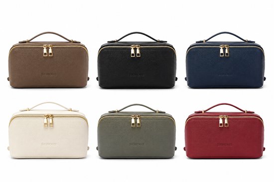 Zes SKINTONE toilettassen in verschillende kleuren: bruin, zwart, blauw, crème, olijfgroen en rood.