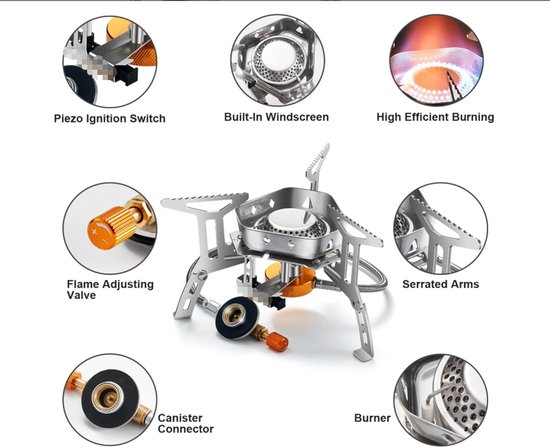 Campingkooktoestel, 3200 W, met piëzo-ontsteking, winddicht, werkt op gas, voor alle schroefcartouches, gasbrander, met adapter, opvouwbaar, kooktoestel voor camping, grijs — afbeelding 4