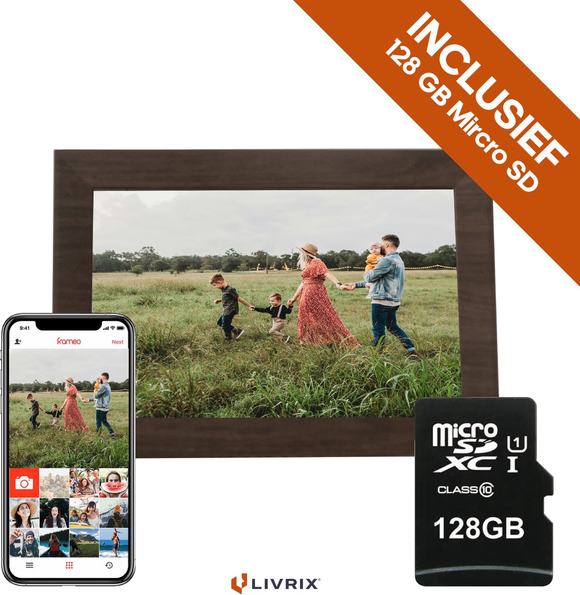 Digitale Fotolijst met WIFI en Frameo App - Inclusief 128GB SD Kaart - 10.1 inch - HD+ -IPS Display - Bruin - 3 Dimfuncties - Horizontaal & Verticaal