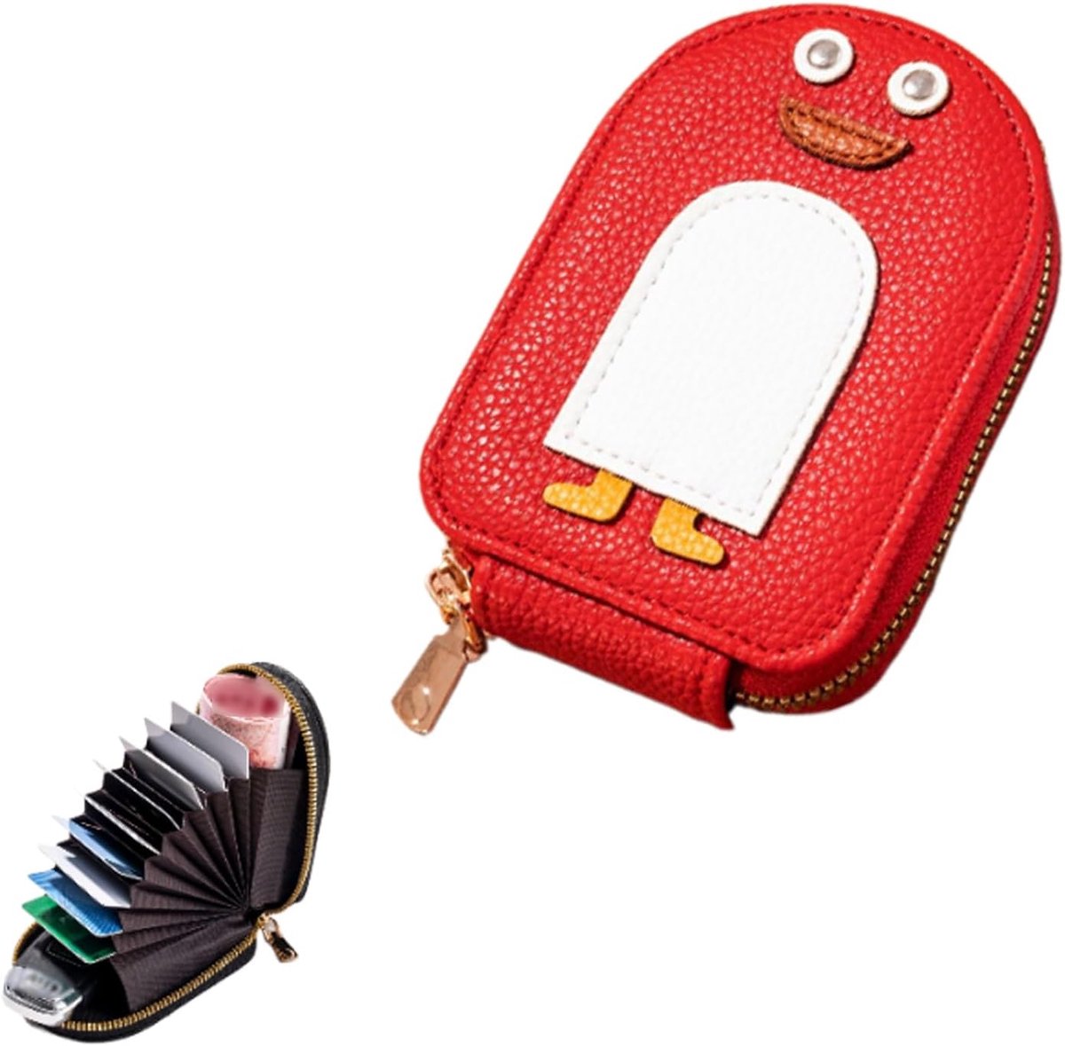 VHV - Pasjeshouder - Creditcardhouder - Portemonnee - Pasjeshouder met rits - Pinguïn vorm - Accordeon ontwerp - 11 vakken - Compact - Cadeau idee - Rood