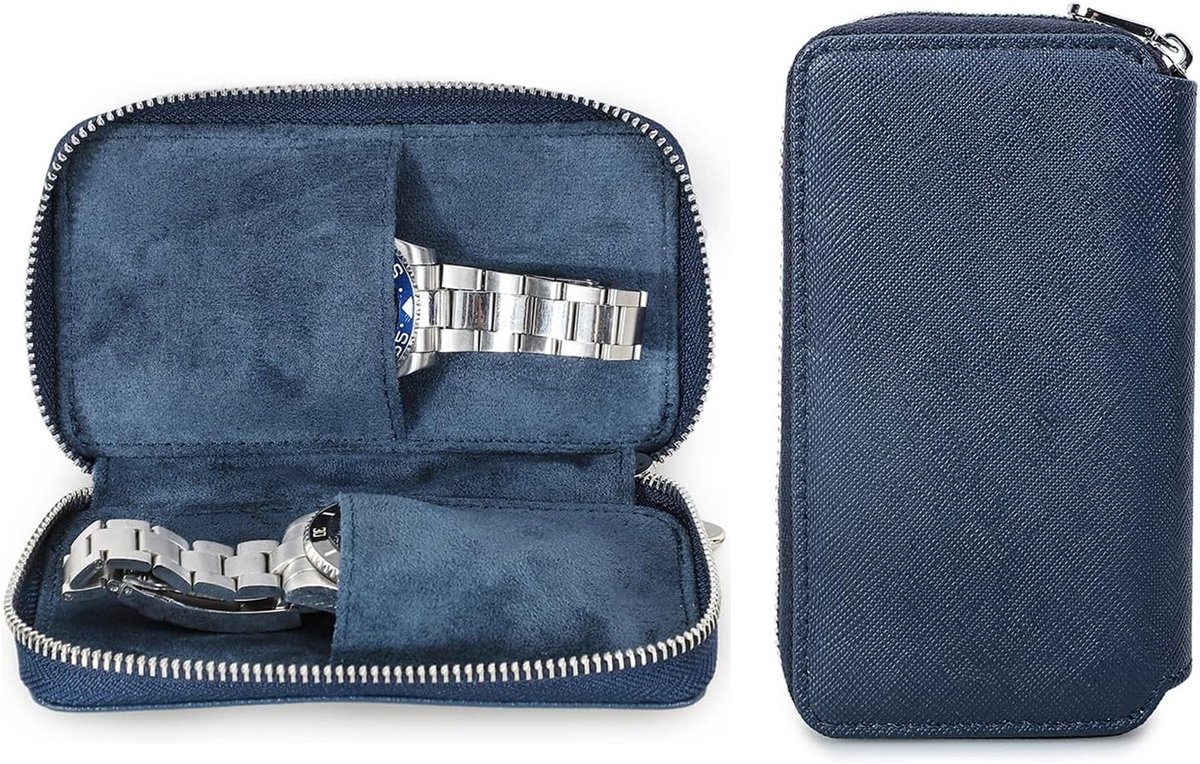 Reis Etui voor 2 Horloges - Saffiano Leer, Draagbare Opbergdoos met Rits voor Horloge Bescherming en Organisatie (Blauw)