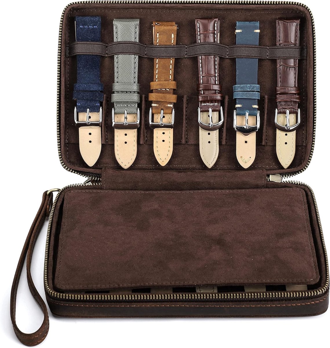Leren Horlogeband Doos met Rits Organizer voor 12 Horlogebanden, Ideaal voor Reizen en Accessoires, Geschikt voor Apple Watch en Meer
