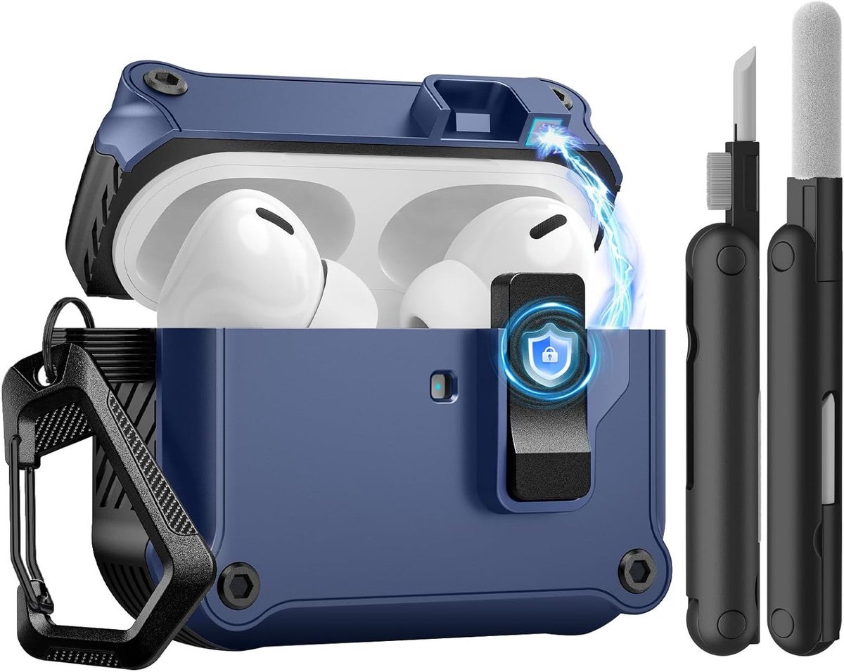 Beschermende Hardcase voor AirPods Pro 3 (2025) met Beveiligingsclip, Automatische Pop-up en Schoonmaakset, Blauw/Zwart - Ideaal voor Actieve Gebruikers en Outdoor Activiteiten