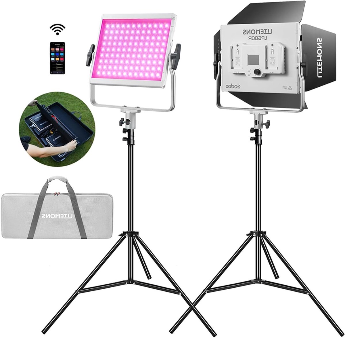 RGB LED Lichtpaneel Set met Statief en Draagtas, App Besturing, 60W Fotostudio Verlichting, 1800K-10000K, 14 Effecten, 360° Rotatie voor Professionele Fotografie