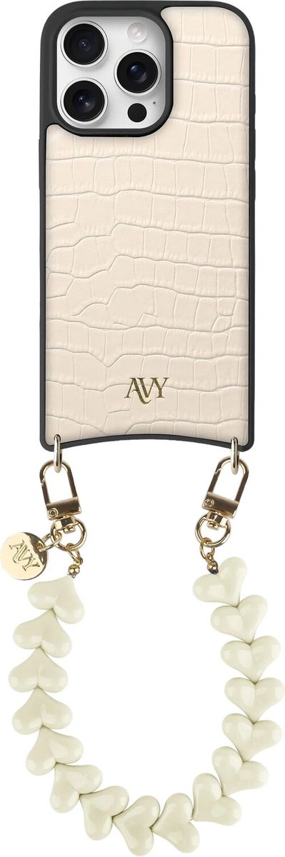 AVY Leren Hoesje Geschikt voor Apple iPhone 16 Pro | Compatibel met MagSafe | Leather Case met Telefoonkoord | Polsband | Croco Beige | Cupid Beige