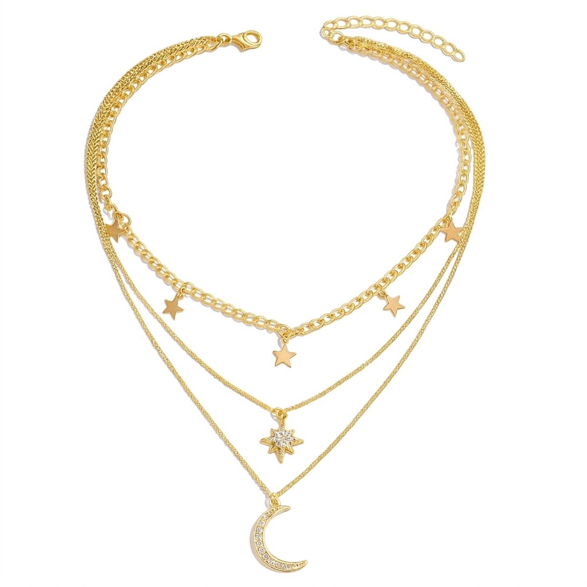 Dames Ketting – Gelaagd Design – Goudkleurig – Met Sterretjes, Maanhanger en Strassdetails