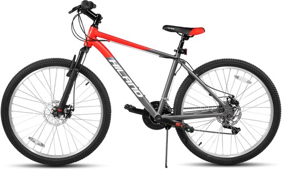 Grijze en rode mountainbike met zwarte voorvork en zadel.