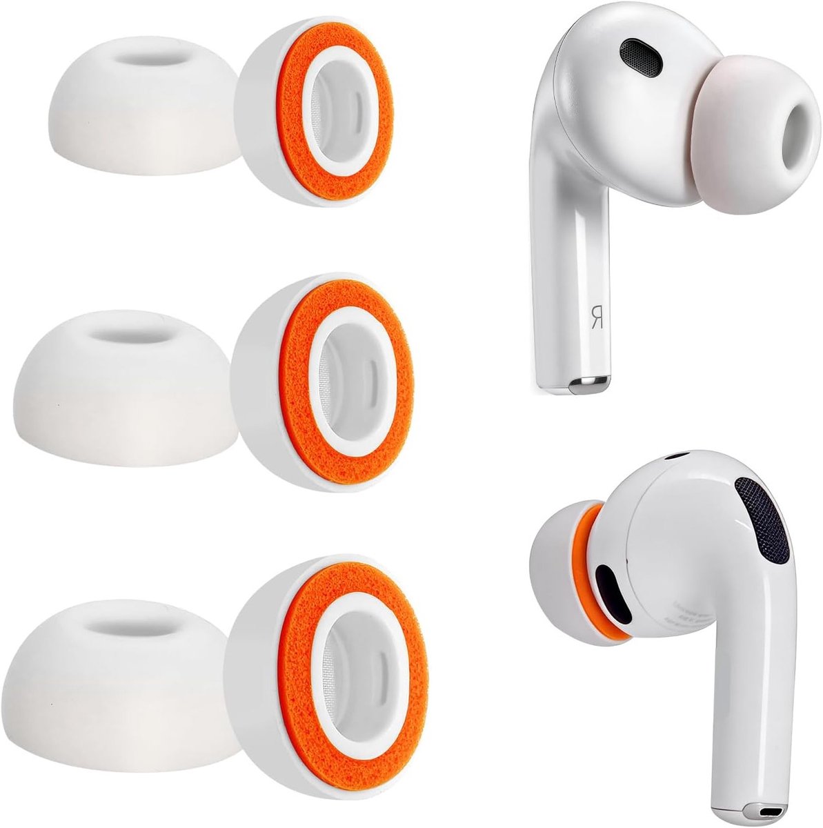 Vervangende oordopjes voor draadloze oordopjes, zacht schuim en siliconen, antislip ontwerp, geschikt voor oplaadcase, 3 paar (S/M/L, wit + oranje)