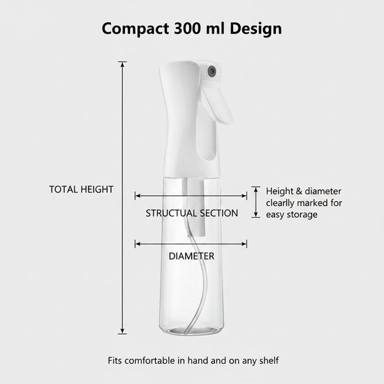 Afmetingen van de 300 ml spuitfles, met indicatie voor totale hoogte en diameter.