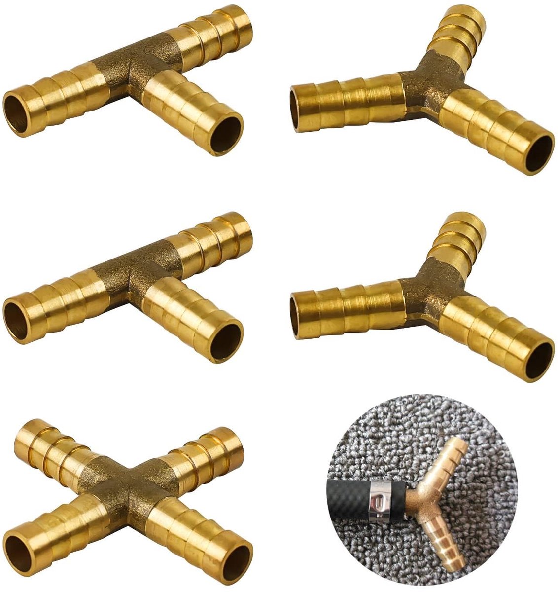 Dailygoods - Messing Brandstofleidingconnectoren - 3-weg Aansluiting - 5 Stuks - 8 mm - Brandstofslang - Geschikt voor Lucht Water Gasolie - Goud