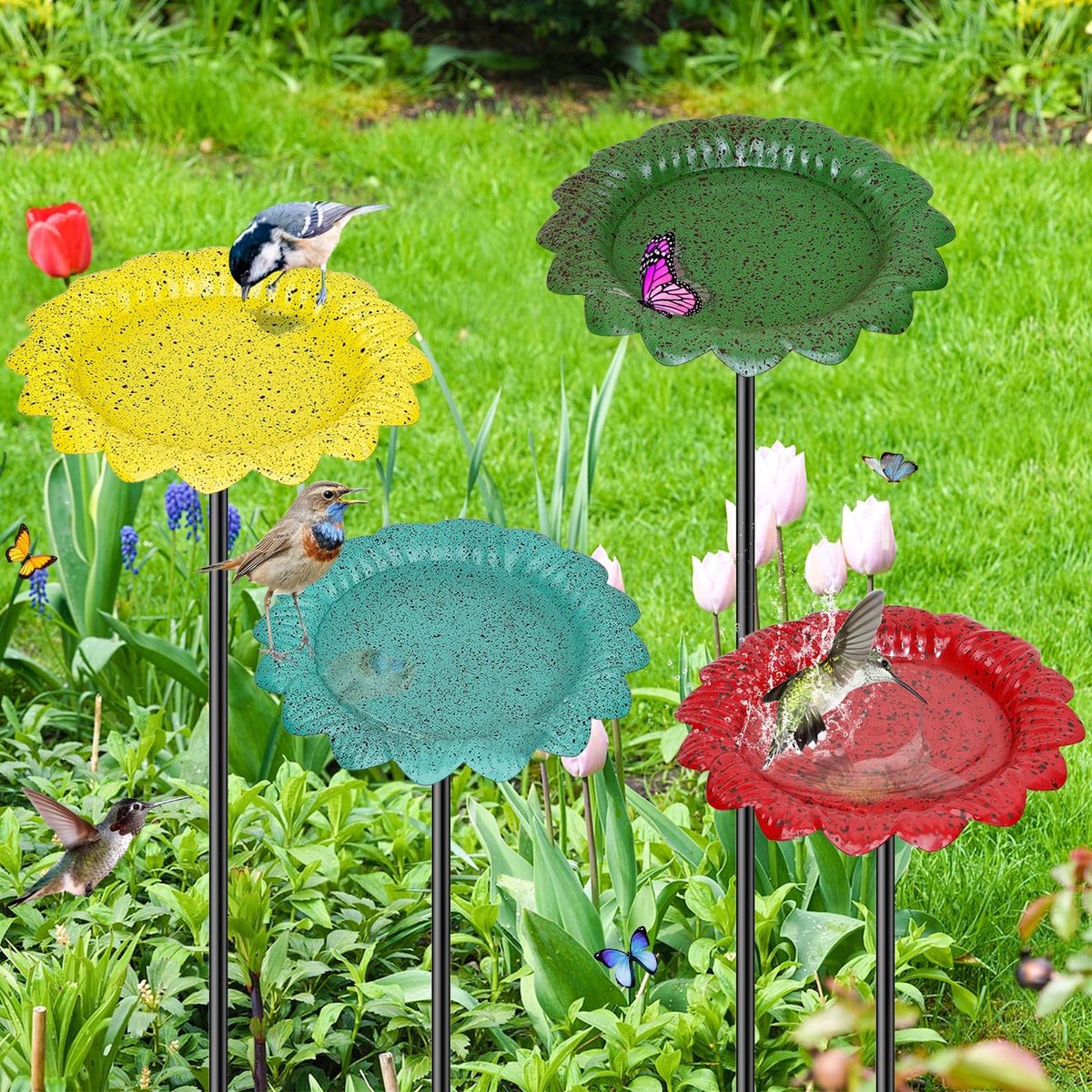 Dailygoods - Vogelbad voor Buiten - Metalen Vogelbaden - Decoratief en Functioneel - 4 Stuks - Tuin en Gazon - Perfect voor Vogels