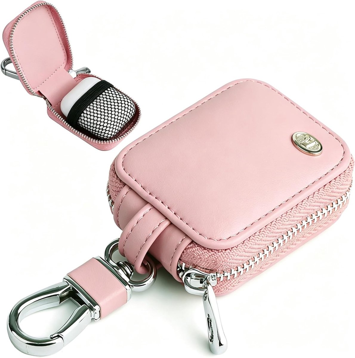 Draagbare Oplaadcase voor AirPods en In-Ear Hoofdtelefoons, PU Leer met Carabiner en Rits, Geschikt voor Draadloze en Bedrade Hoofdtelefoons, USB Data Kabel, Roze
