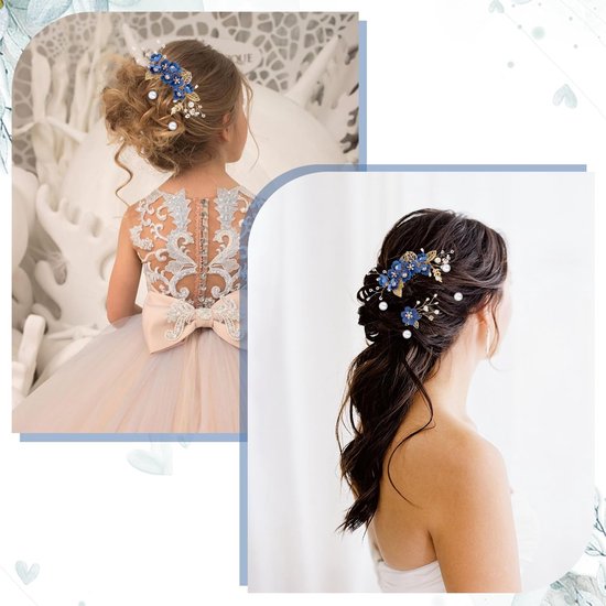 Een kind met opgestoken haar en een bruid met los haar, beiden versierd met blauwe bloemen haaraccessoires.