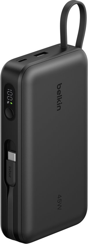 Zwarte Belkin powerbank 45W met digitaal display, USB-A, USB-C poorten en lus.
