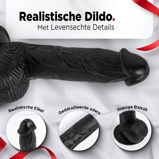 Zwarte realistische dildo met gedetailleerde aders, eikel en balzak.