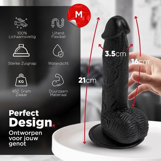 Zwarte realistische dildo met zuignap, met afmetingen 21cm lang, 3.5cm diameter.