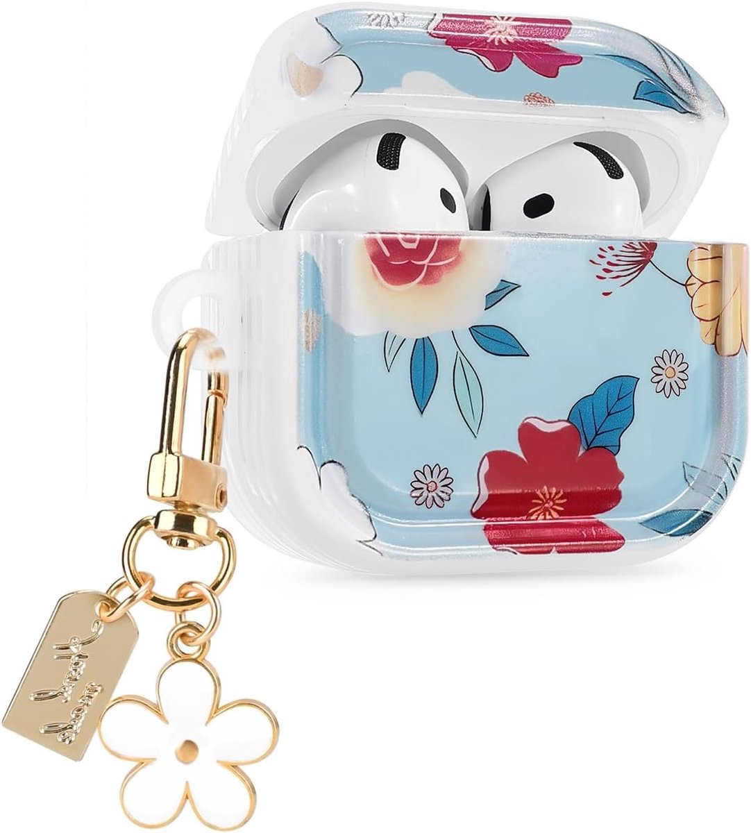 Ultra Dunne TPU Beschermcase voor AirPods 4e Generatie 2024 met Sleutelhanger, Schokbestendig en Antislip Ontwerp met Rode Bloemenprint voor Vrouwen