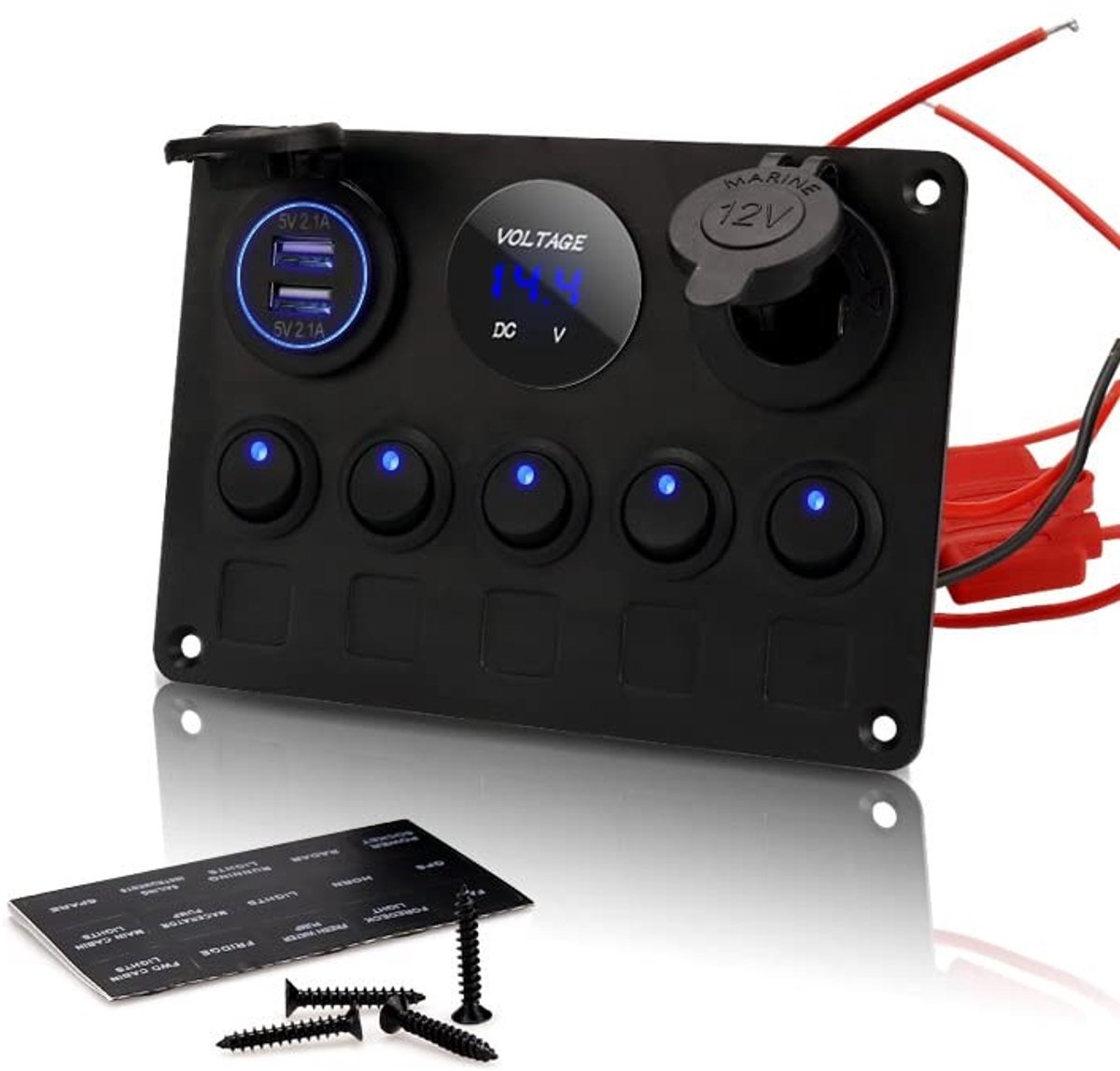 Vlemico - Aluminium Waterdichte Tuimelschakelaar - LED Schakelaars - USB Charger Poort - 12V/24V - Digitale Voltmeter Display - Geschikt voor Auto ...