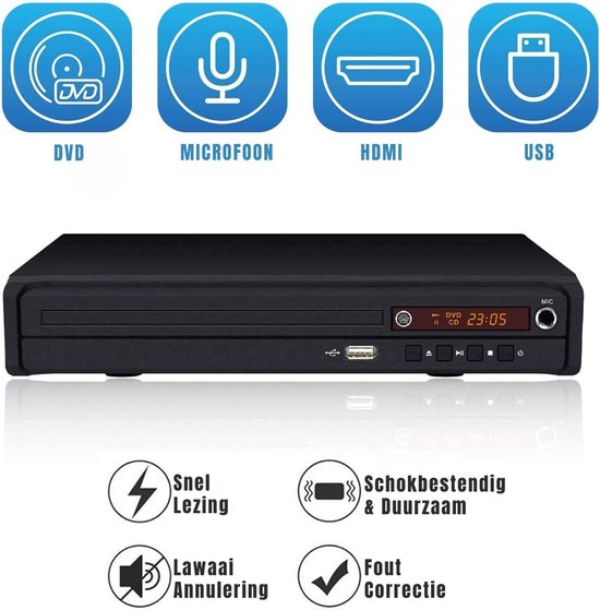 KAD® DVD Speler Met HDMI - Compacte DVD Speler met HDMI-Aansluiting - Full HD Up-scaling - Inclusief Afstandsbediening & HDMI-Kabel - Regiovrij - Zwart - 23cm x 5cm x 19cm van kad — afbeelding 4