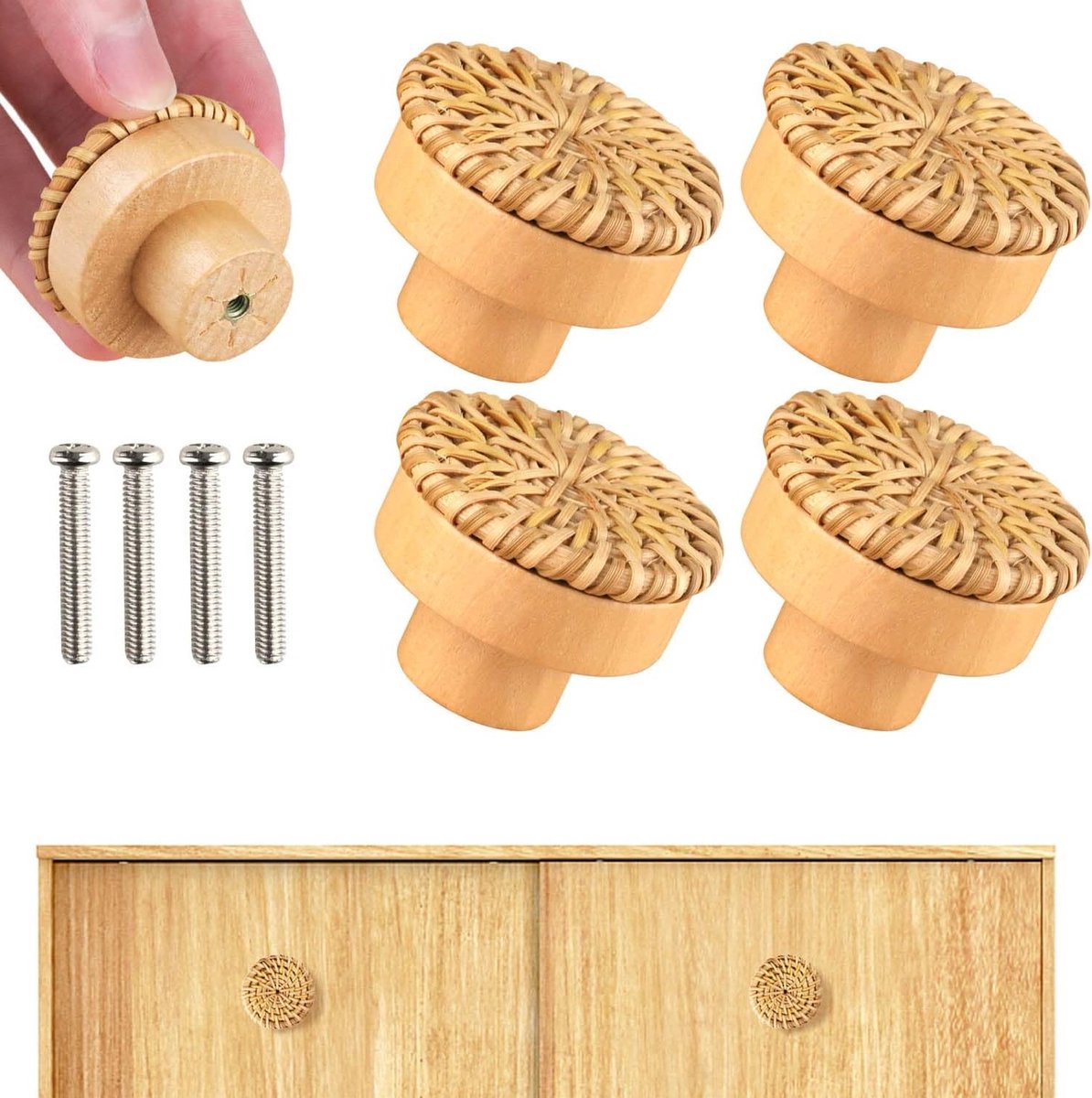 Houten Rattan Meubelknoppen - 4 Stuks Deurklinken voor Laden en Kasten, Ideaal voor Woonka
