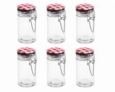 Glazen Voorraadpotjes Set van 6 – 90 ml – Metalen Rood-Wit Ruitdeksel – Weckpotjes / Kruidenpotjes – 4,5 x 4,5 x 8,5 cm Rond
