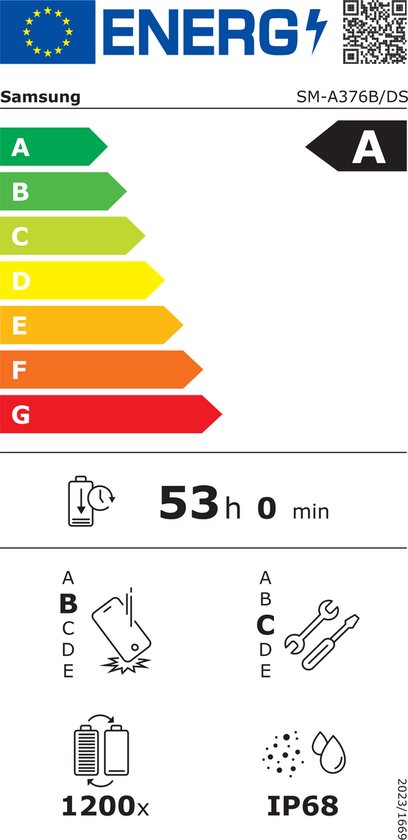 Energie-etiket voor Samsung SM-A376B/DS telefoon met energielabel A en batterijduurindicatie.