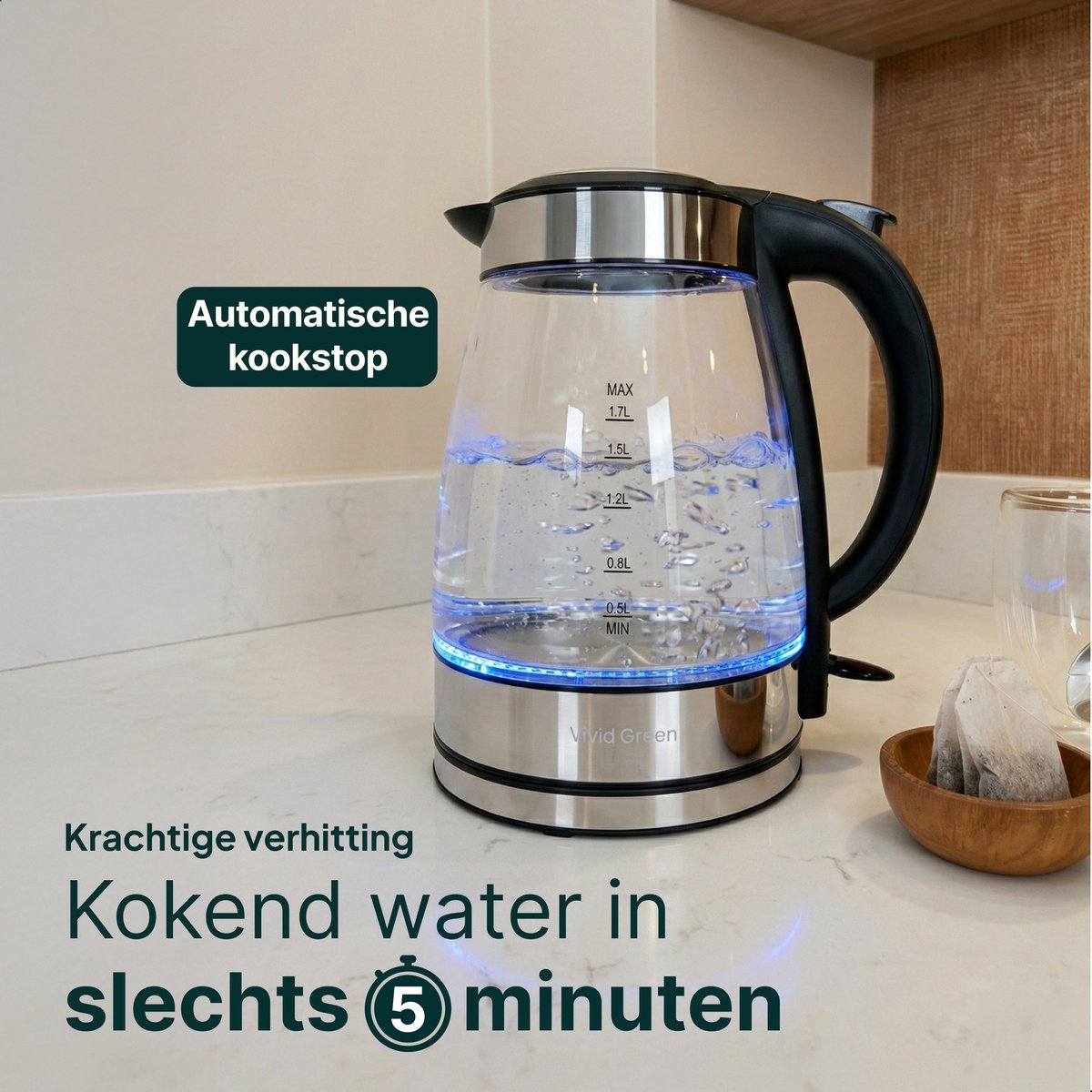 Vivid Green Glazen Waterkoker - 1.7L – 2200W - PFAS-vrij - Kalkfilter - Led Verlichting - Glas — afbeelding 3