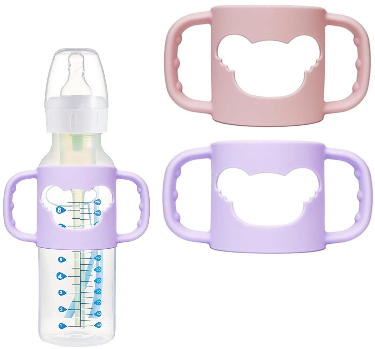 Handvat Babyfles - 2 stuks - Zelfstandig drinken - Flessenhouders - Siliconen handvat - Eenvoudig te installeren - Geschikt voor babyflessen met een buitendiameter van meer dan 5,5 cm