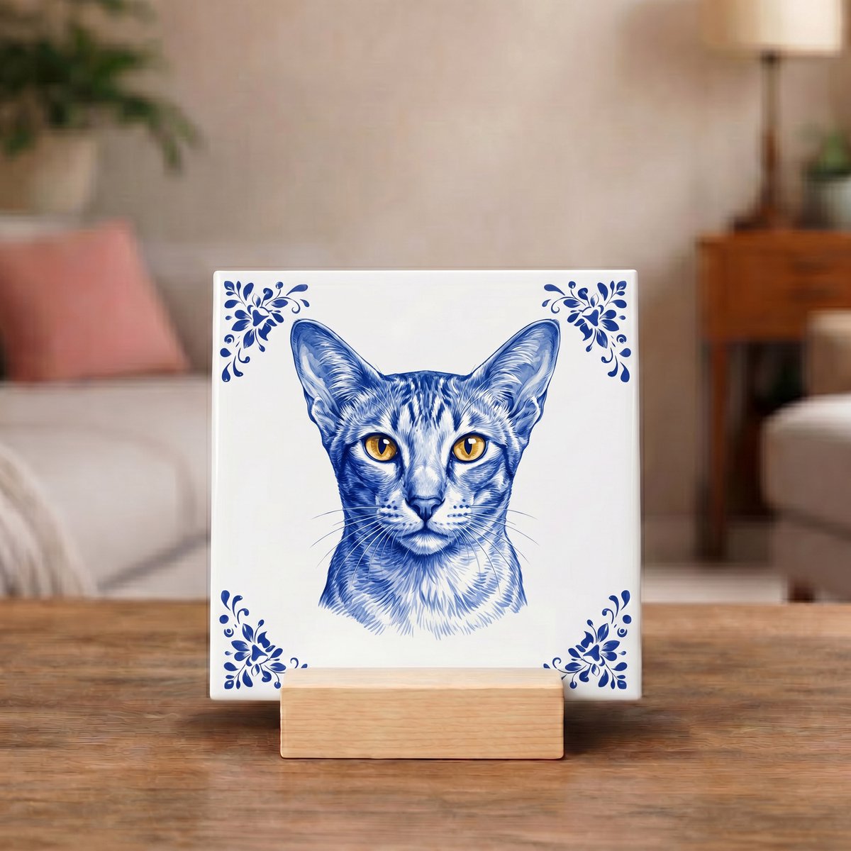 Bedruk King Delftsblauw Tegeltje 11x11 Oosterse Korthaar Kat – Cadeau voor Kattenliefhebber Oosterse Korthaar Kat1