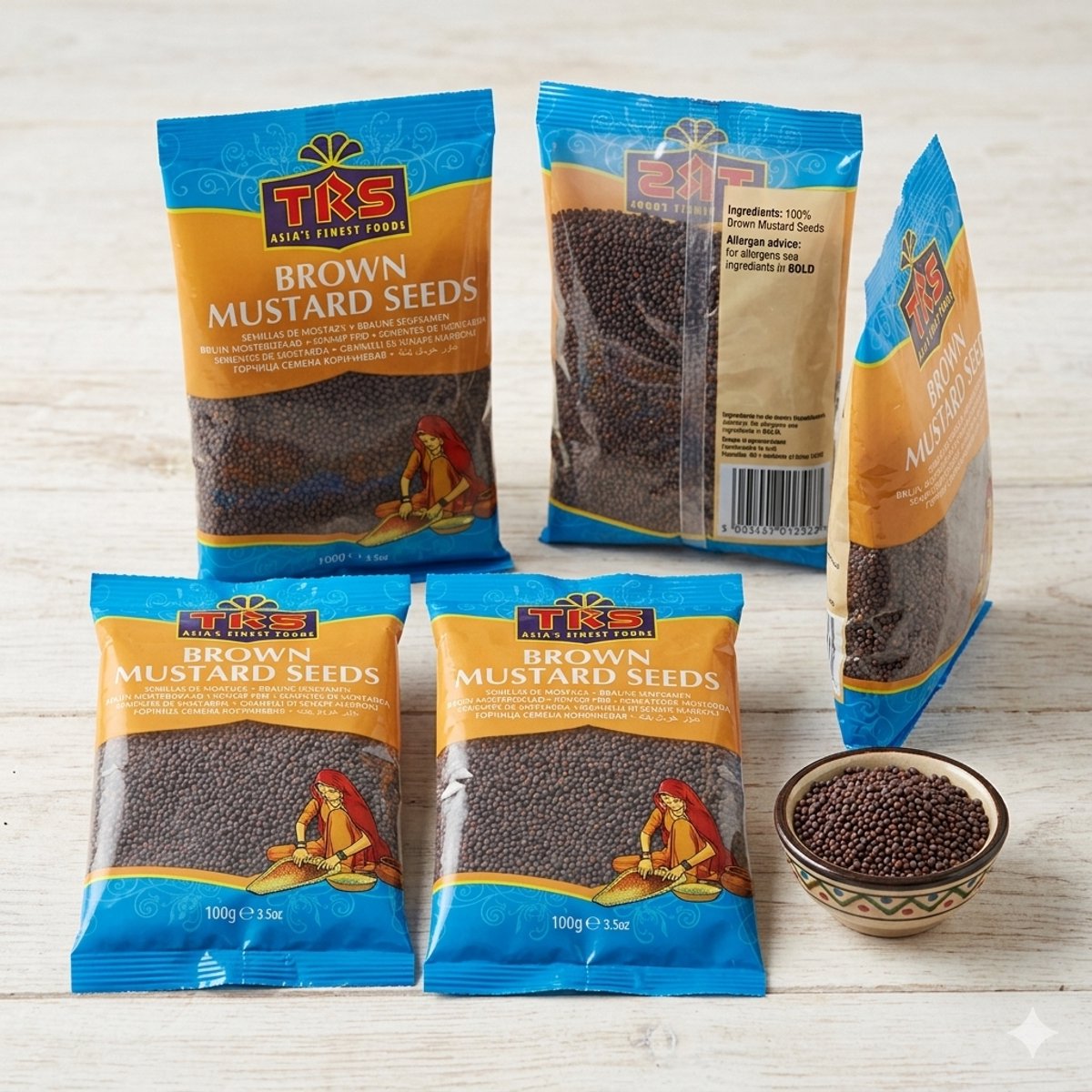 TRS Bruine Mosterdzaad 100g - Brown Mustard Seeds - Senfkörner Samen - Hele Mosterdzaden voor Koken en Smaak - Hoogwaardige Indiase Specerijen TRS Met Kajal Sticker