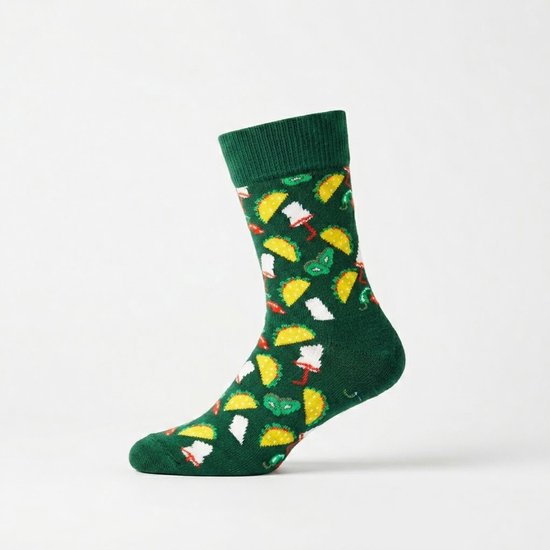 Groene sokken met een patroon van taco's.
