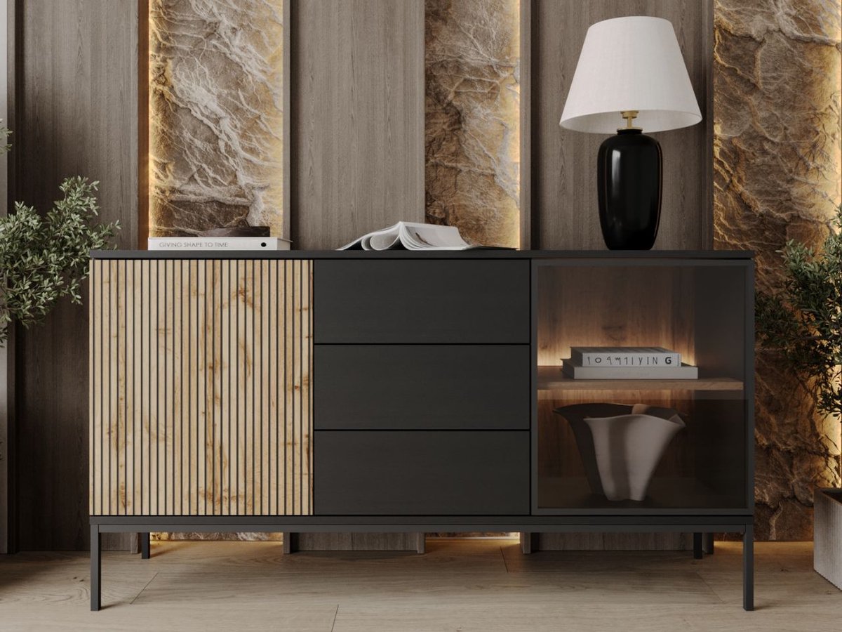 GrainGold – Dressoir Deo – Mat zwart - Met Deuren en Lades - Moderne Opbergruimte - 154 cm