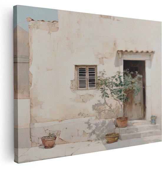 Artaza Canvas Schilderij Mediterrane Entree - 120x90 cm - Vintage Wanddecoratie - Muurdecoratie Oude Houten Deur - Brocante Decoratie Potplanten