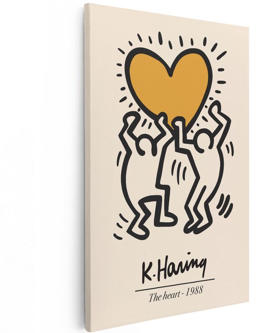 Artaza Canvas Schilderij Keith Haring - 40x60 cm - Wanddecoratie Hart - Muurdecoratie Pop Art - Decoratie Moderne Kunst - Oranje