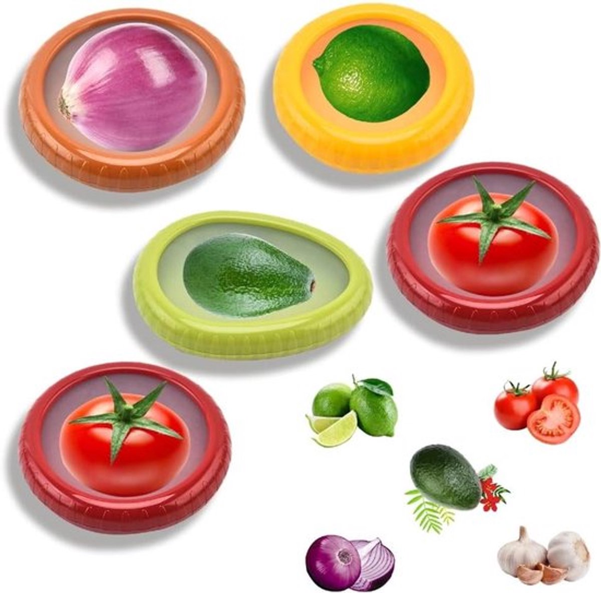 Siliconen Bewaardozen voor Groente en Fruit - Koelkast Opbergschalen - Spaarpot voor Levensmiddelen - Groene Peper, Ui, Tomaten en Citroen - Herbruikbare Opbergdozen - Geschikt voor Verschillende Voedingswaren - Diverse Kleuren en Maten