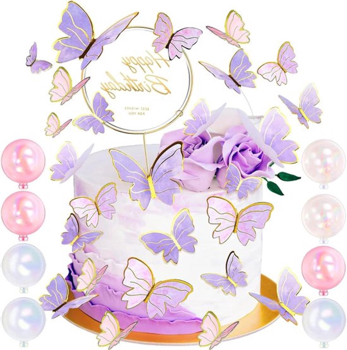 3D-vlinder taartdecoratie set voor verjaardagsfeesten en bruiloften 59 stuks - paars.