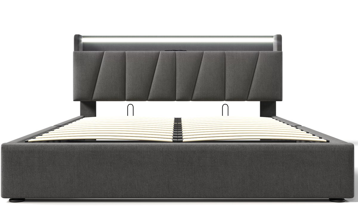 Bed - 140x190cm - Grijs linnen - Opslag