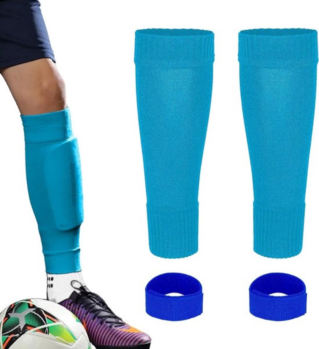 Kindervoetbalbeenmouw met scheenbeschermerriemen en gripsokken - Blauw - Geschikt voor kinderen van 6-8 jaar