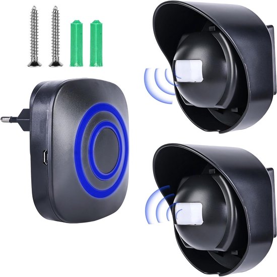 Draadloze deurbel met bewegingssensoren, een stekkerontvanger met blauwe ring en twee zwarte sensoren met weerbestendige kappen.