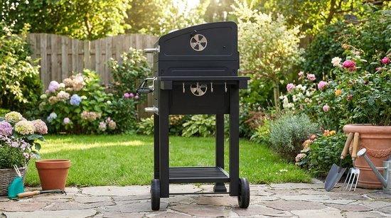 Houtskool Barbecue Grillwagen met Deksel en Thermometer - House&Garden Toronto Elite BBQ - Grote Kolenbarbecue met Verstelbaar Grillrooster, Opklapbare Zijtafel, Warmhoudrek en Wielen - BBQ voor Tuin, Balkon & Terras 56x41,5 cm — afbeelding 5