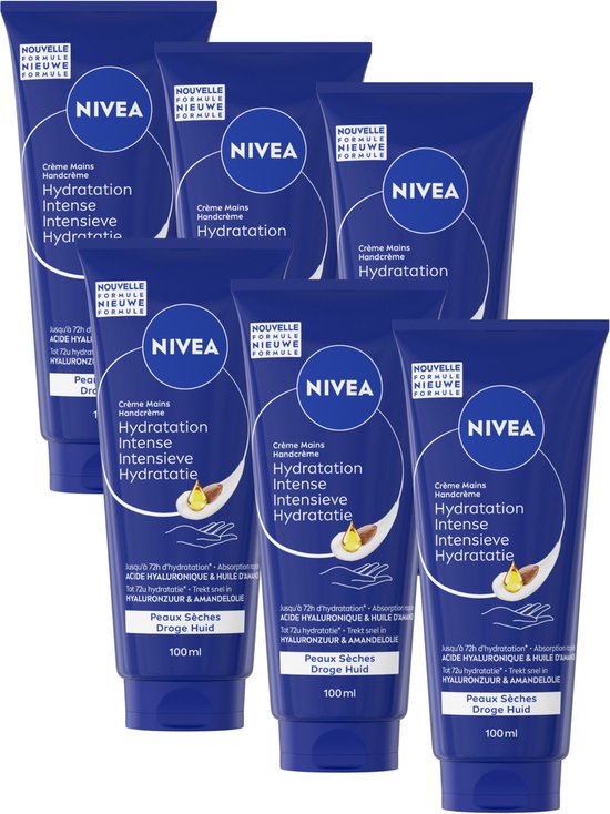 Zes Nivea Handcrème tubes in een voordeelverpakking.