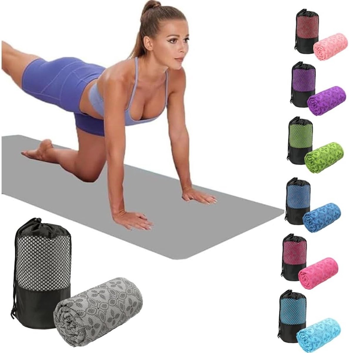Absorberende Yoga Handdoek voor Zweet, Antislip en Sneldrogend, Ideaal voor Bikram, Pilates en Fitness met Mesh Draagtas