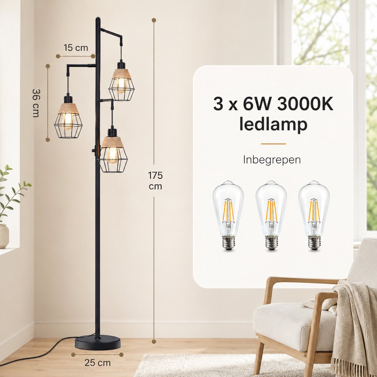 Rosnek Industriële Vloerlamp met 3-Lichts - Zwarte Staande Lamp - Vintage Metalen Leeslamp voor Woonkamer - Traploos Dimbaar - Lampadaire Industriel - Inclusief 3 LED Lampen thumbnail 7