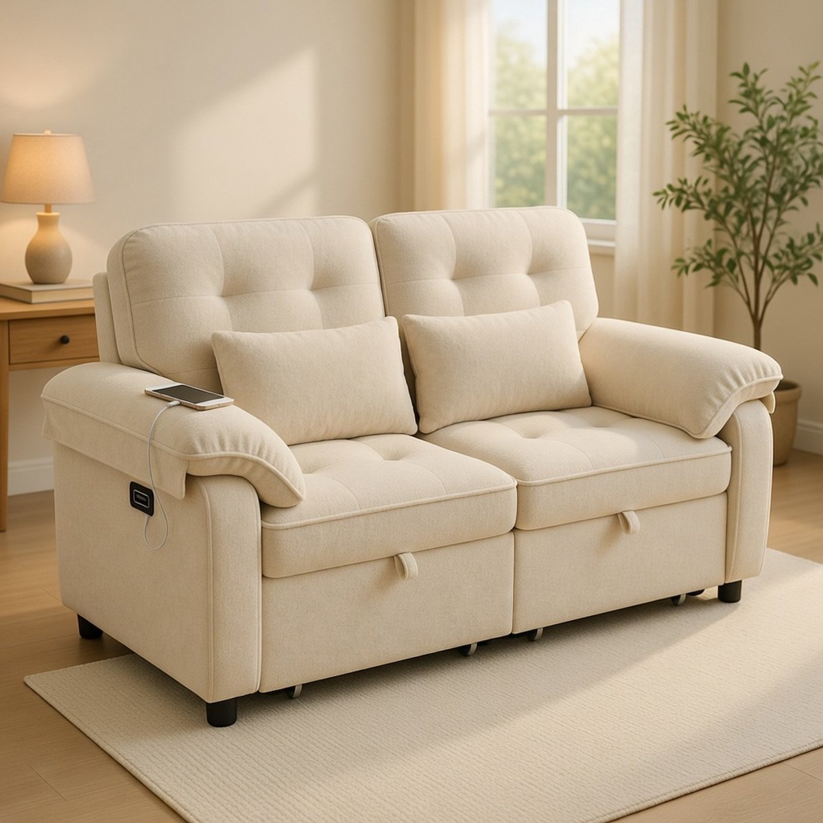 KOMHTOM 3-in-1 tweepersoons slaapbank - opklapbaar met verstelbare rugleuning en slaapfunctie - met USB-oplaadaansluiting - chenille stof - beige - incl. 2 kussens