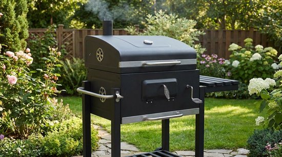 Houtskool Barbecue Grillwagen XXL - House&Garden Smoker BBQ met Deksel, Thermometer, Verstelbare Kolenbak, Rookfunctie, Dubbel Grillrooster, Zijtafel, Wielen & Aslade - Outdoor Tuinbarbecue 117x107x71 cm Zwart — afbeelding 3