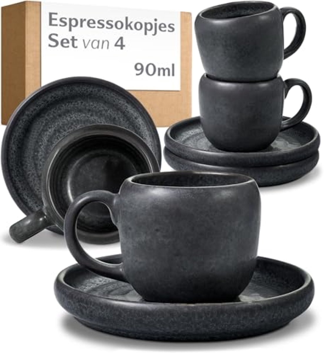 Set van 4 Espressokopjes met Schotels, Keramiek, Zwart, Hittebestendig